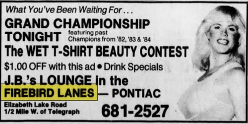 Firebird Lanes (Huron Bowl, JBs Lounge) - Nov 1984 Ad (newer photo)